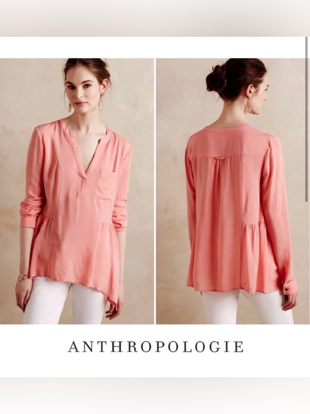 Maeve Coral Pink V-Neck Long-Sleeve Tunic Blouse
